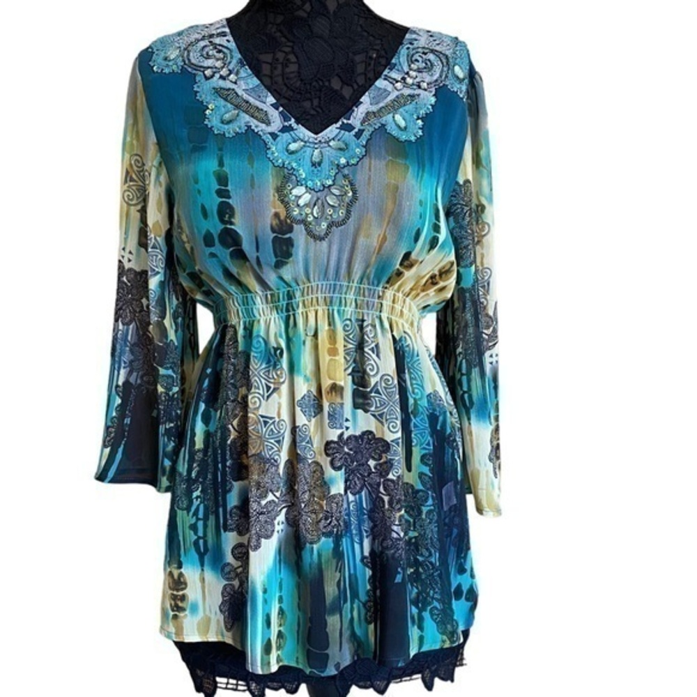 Sienna Rose Boho Blue Emerald Green Sheer Flowy Tunic Fluted Sleeve Top Medium
